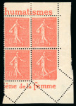 Stamp of France » Variétés et curiosités 1924, Semeuse lignée 50c rouge Y&T n° 199 en bloc de