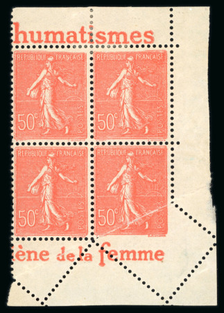 Stamp of France » Variétés et curiosités 1924, Semeuse lignée 50c rouge Y&T n° 199 en bloc de