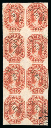 Stamp of Australia » Tasmania 1858 1s vermilion, vertical block of eight, close to good margins, used with fiscal manuscript mkg