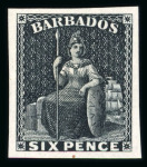 Stamp of Barbados 1857-59 Britannia 6d proof reprint in black made in 1929
