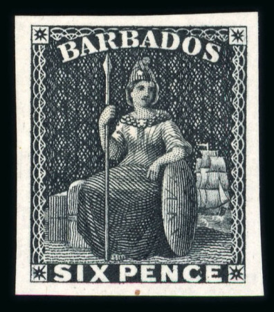 Stamp of Barbados 1857-59 Britannia 6d proof reprint in black made in 1929