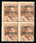 Stamp of Andorra (Spanish Post) 1928 Overprint complete set in mint n.h. blocks of four
