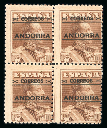 Stamp of Andorra (Spanish Post) 1928 Overprint complete set in mint n.h. blocks of four