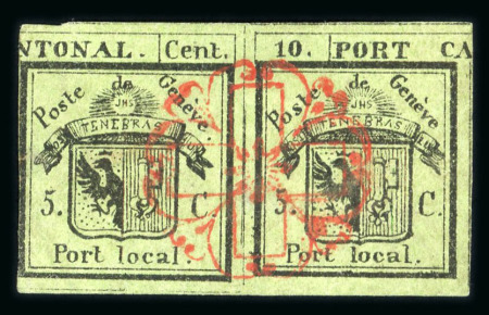 Stamp of Switzerland / Schweiz » Kantonalmarken » Genf 1843, Doppelgenf als Interverti geschnitten entwertet mit zentrischer, sauberer und klar aufgesetzter Genfer Rosette (AW2)