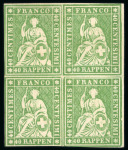 Stamp of Switzerland / Schweiz » Sitzende Helvetia Ungezähnt » 1857-62 Berner Druck, Dickes Papier 1860, Strubel 40 Rp. grün 4. Berner Druckperiode im Viererblock