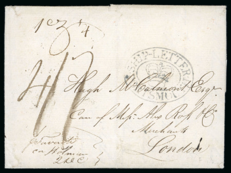 Stamp of British Guiana 1805 (Jul 12) entire from Telford Naghten & Co in Demerara to London, endorsed at lower left "p Favourite, Ca Holman"