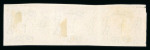 Stamp of Egypt » 1866 First Issue » Essays and Proofs 5pi rose, a proof vertical imperforate strip of three, an outstanding first-issue variety showing the broken "5" and types I and II, an exhibition showpiece; unwatermarked, with a paper fold along the left side.