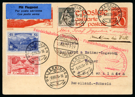 Stamp of Switzerland / Schweiz » Flugpost » Flugbriefe 1929, Mythen 3 Fr., Rütli 5 Fr. und Helvetia mit Schwert 80 Rp. auf Ganzsachenumschlag der Zeppelin Weltrundfahrt 4.9.1929 der ganzen Strecke