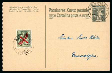 Stamp of Switzerland / Schweiz » Flugpost » Flugbriefe 1919, Propellerradaufdruck grün auf Postkarte von Biel nach Emmishofen