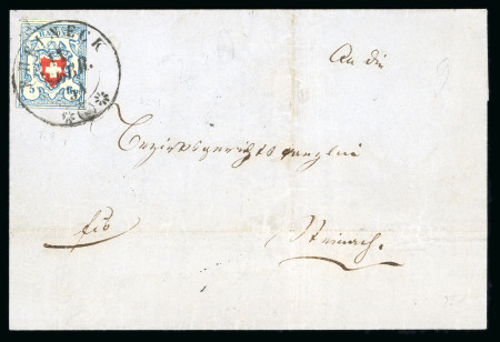 Stamp of Switzerland / Schweiz » Rayonmarken » Rayon I, hellblau, ohne KE (STEIN C2) 1854, Rayon I hellblau, Type 8 Stein C2-RU auf Faltbrief von Rheineck an die Bezirksgerichtskanzlei Steinach