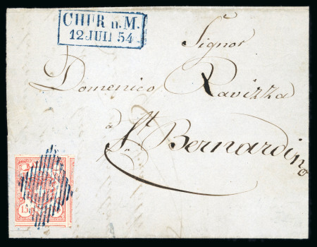 Stamp of Switzerland / Schweiz » Rayonmarken » Rayon III (grosse Ziffer) 1854, Rayon III grosse Wertziffern, auf schönem Faltbrief von Chur nach San Bernardino