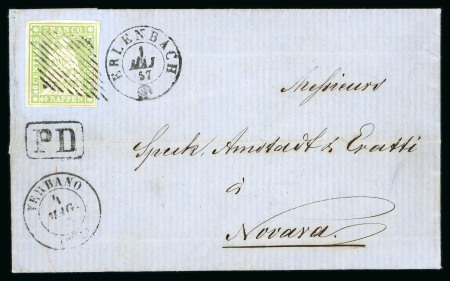 Stamp of Switzerland / Schweiz » Sitzende Helvetia Ungezähnt » 1856-57 Berner Druck (II) 1857, 40 Rp. grün 2. Berner Druckperiode auf Faltbrief von Erlenbach nach Novara