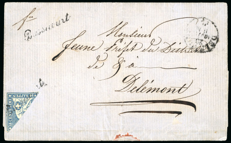 Stamp of Switzerland / Schweiz » Sitzende Helvetia Ungezähnt » 1857-62 Berner Druck, Dickes Papier 1862, 10 Rp. blau 4. Berner Druckperiode diagonal halbiert auf Faltbrief von Bassecourt nach Delémont