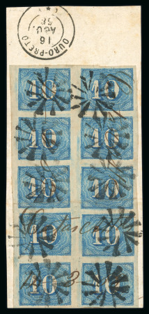 Stamp of Brazil 1854 10r blue used block of 10 on piece cancelled by black star cancels and manuscript "Catas Atlas / 14-8-63"
