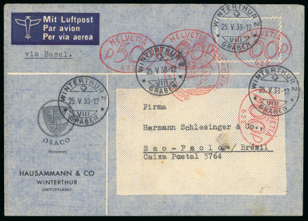 Stamp of Switzerland / Schweiz » Flugpost » Flugbriefe 1938 (25.5), Katapultpost frankiert mit 3 roten Freistempeln über den Südatlantik nach Sao-Paola