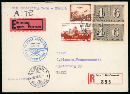 Stamp of Switzerland / Schweiz » Flugpost » Flugbriefe 1943 (13.07), Sonderflug Bern - Zürich zum 30jährigen Jubiläum der ersten Überfliegung der Alpen durch Oskar Bider