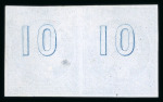 Stamp of Greece » Large Hermes Heads » 1861 Barre proofs 1858 French Essay: Pair of the "Cérès 1858" plate-proof in blue on bluish paper with "control numbers" "10" on the back