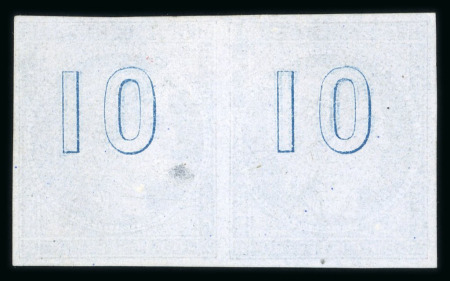 Stamp of Greece » Large Hermes Heads » 1861 Barre proofs 1858 French Essay: Pair of the "Cérès 1858" plate-proof in blue on bluish paper with "control numbers" "10" on the back