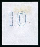 Stamp of Greece » Large Hermes Heads » 1861 Barre proofs 1858 French Essay: Single of the "Cérès 1858" plate-proof in blue on bluish paper with "control numbers" "10" on the back