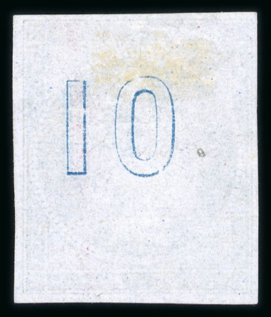 Stamp of Greece » Large Hermes Heads » 1861 Barre proofs 1858 French Essay: Single of the "Cérès 1858" plate-proof in blue on bluish paper with "control numbers" "10" on the back