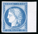 Stamp of Greece » Large Hermes Heads » 1861 Barre proofs 1858 French Essay: Right sheet marginal single of the "Cérès 1858" plate-proof in blue on bluish paper with "control numbers" "10"