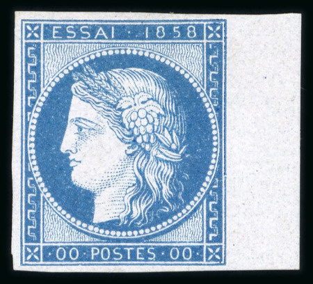Stamp of Greece » Large Hermes Heads » 1861 Barre proofs 1858 French Essay: Right sheet marginal single of the "Cérès 1858" plate-proof in blue on bluish paper with "control numbers" "10"