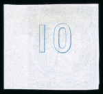 Stamp of Greece » Large Hermes Heads » 1861 Barre proofs 1858 French Essay: Right sheet marginal single of the "Cérès 1858" plate-proof in blue on bluish paper with "control numbers" "10"