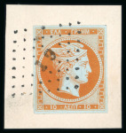 Stamp of Greece » Large Hermes Heads » 1861 Paris print 1861 Paris printing 10 lepta orange on blue, large even margins, tied by "19" numeral of Karytanea on fragment