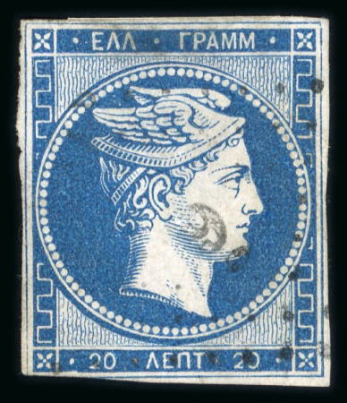 Stamp of Greece » Large Hermes Heads » 1861 Paris print 1861 Paris printing 20 lepta dark blue cancelled type I "9" of Patras, with "Bleu de Patras"