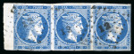 Stamp of Greece » Large Hermes Heads » 1861-62 First Athens Coarse Printing 20 lepta first Athens printings (1861/1862) - used left sheet marginal strip of three cancelled (12 - Gastouni), just touched to very large margins