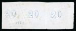 Stamp of Greece » Large Hermes Heads » 1861-62 First Athens Coarse Printing 20 lepta first Athens printings (1861/1862) - used left sheet marginal strip of three cancelled (12 - Gastouni), just touched to very large margins