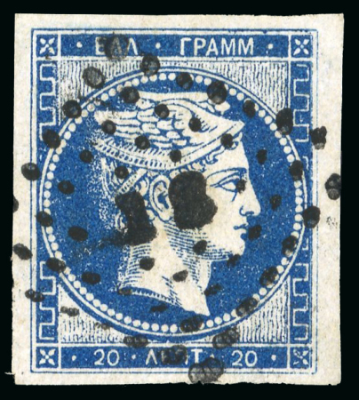 Stamp of Greece » Large Hermes Heads » 1861-62 First Athens Coarse Printing 20 lepta deep ultramarine first Athens printings (1861/1862) - used single cancelled (31 - Calamata) with very large to enormous margins.