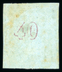 Stamp of Greece » Large Hermes Heads » 1861-62 First Athens Coarse Printing 40 lepta mauve on blue first Athens printings (1861/1862) - used single cancelled (65 - Hydra) with plate flaw "hameçon à la grecque" (Position 67) with good to large margins