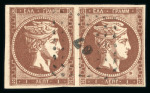Stamp of Greece » Large Hermes Heads » 1862-67 2nd Athens print 1 lepton chocolate-brown consecutive Athens printings (1862/1867), used horizontal pair cancelled (67 - Syros) with good to large margins