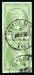 Stamp of Greece » Large Hermes Heads » 1862-67 2nd Athens print 5 lepta green consecutive Athens printing (1862/1867), used vertical pair, cancelled (Type II - Tripolis) & strip of 3, cancelled (Type II - Calamata), both with good to large margins