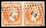 Stamp of Greece » Large Hermes Heads » 1862-67 2nd Athens print 10 lepta yellow-orange consecutive Athens printings (1862/1867) horizontal pair cancelled (13 - Pyrgos), showing positions 79/80 with "control numbers" error: "01" instead of "10" on position 80 (Coundouros 30.4) with cl