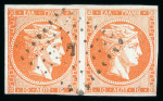 Stamp of Greece » Large Hermes Heads » 1862-67 2nd Athens print 10 lepta orange consecutive Athens printings (1862/1867), used horizontal pair cancelled (7 - Agion), left stamp with "control numbers" error: "01" instead of "10". (Positions 61 & 62). (Coundouros 30.4), with very close