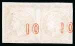 Stamp of Greece » Large Hermes Heads » 1871-76 Meshed paper issue 1871-76 Meshed papers printings 10 lepta orange used pair on lavender paper showing displaced control numbers