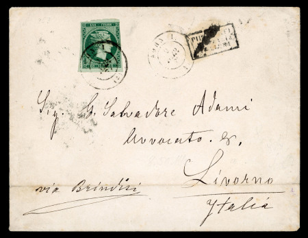 Stamp of Greece » Large Hermes Heads » Covers, frankings and destinations 1877 (Apr 9) Envelope from Athens to Livorno via Brindisi franked with a 1876 Paris printing 60 lepta