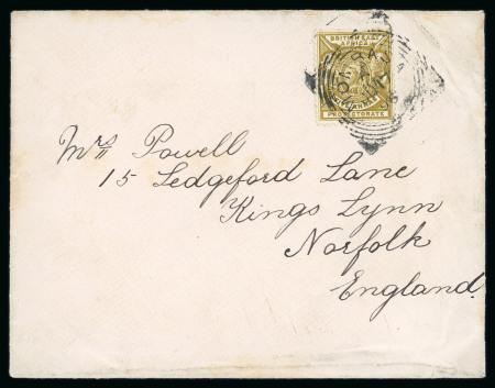 Stamp of Kenya, Uganda and Tanganyika » British East Africa 1896 (Jun 17) envelope from Mombasa to England with 1896 5a tied by Mombasa squared circle ds