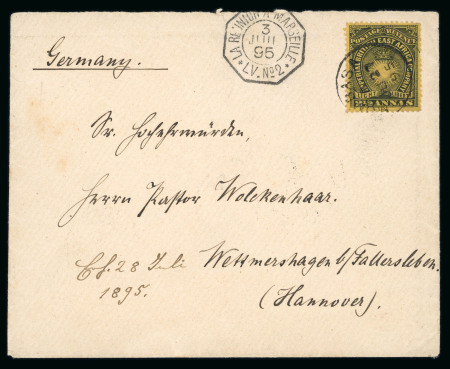 Stamp of Kenya, Uganda and Tanganyika » British East Africa 1895 (Jun 29) envelope from Mombasa to Germany with 1890-95 2 1/2a tied by Mombasa cds
