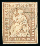 Stamp of Switzerland / Schweiz » Sitzende Helvetia Ungezähnt » 1856-57 Berner Druck (II) 1856, 5 Rp. braun 1. Berner Druckperiode, leicht und zentrisch entwertet mit schwarzem Ortsstempel