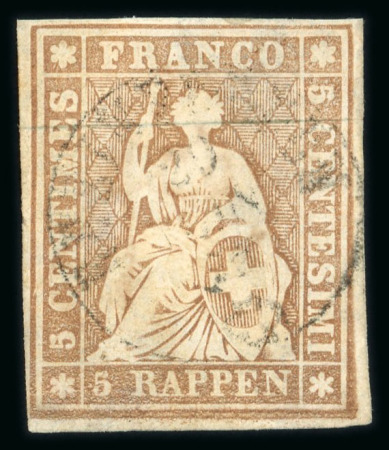 Stamp of Switzerland / Schweiz » Sitzende Helvetia Ungezähnt » 1856-57 Berner Druck (II) 1856, 5 Rp. braun 1. Berner Druckperiode, leicht und zentrisch entwertet mit schwarzem Ortsstempel