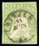 Stamp of Switzerland / Schweiz » Sitzende Helvetia Ungezähnt » Münchner Druck, 3. Auflage 1854, 40 Rp. grün 3. Münchner Druckperiode, zentrisch entwertet mit seltenem Ortsstempel « BUNZEN 11 JUIN… »