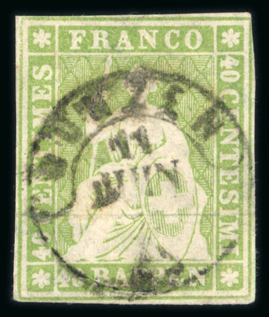 Stamp of Switzerland / Schweiz » Sitzende Helvetia Ungezähnt » Münchner Druck, 3. Auflage 1854, 40 Rp. grün 3. Münchner Druckperiode, zentrisch entwertet mit seltenem Ortsstempel « BUNZEN 11 JUIN… »