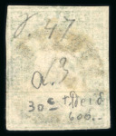 Stamp of Switzerland / Schweiz » Sitzende Helvetia Ungezähnt » Münchner Druck, 3. Auflage 1854, 40 Rp. grün 3. Münchner Druckperiode, zentrisch entwertet mit seltenem Ortsstempel « BUNZEN 11 JUIN… »
