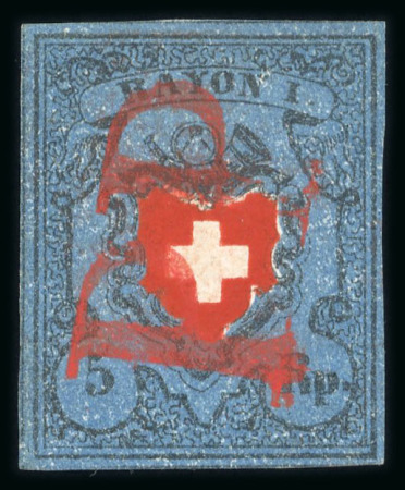 Stamp of Switzerland / Schweiz » Rayonmarken » Rayon I, dunkelblau ohne Kreuzeinfassung 1850, Rayon I dunkelblau ohne Kreuzeinfassung , Type 22, kontrastvoll entwertet mit rotem PP des VII. Postkreises