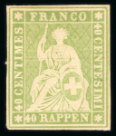 Stamp of Switzerland / Schweiz » Sitzende Helvetia Ungezähnt » 1856-57 Berner Druck (II) 1855 40 Rp. grün 2. Berner Druckperiode, ungebraucht mit Originalgummi und Falz