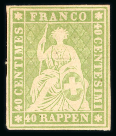 Stamp of Switzerland / Schweiz » Sitzende Helvetia Ungezähnt » 1856-57 Berner Druck (II) 1855 40 Rp. grün 2. Berner Druckperiode, ungebraucht mit Originalgummi und Falz
