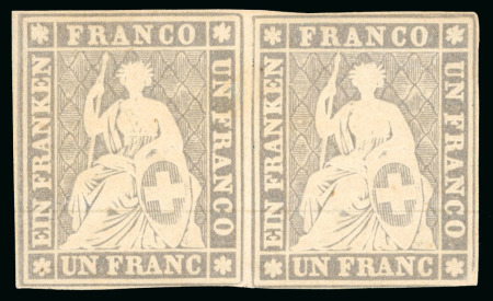 Stamp of Switzerland / Schweiz » Sitzende Helvetia Ungezähnt » 1856-57 Berner Druck (II) 1855 Strubelpaar 1 Fr. grau 2. Berner Druckperiode, ungebraucht mit Originalgummi